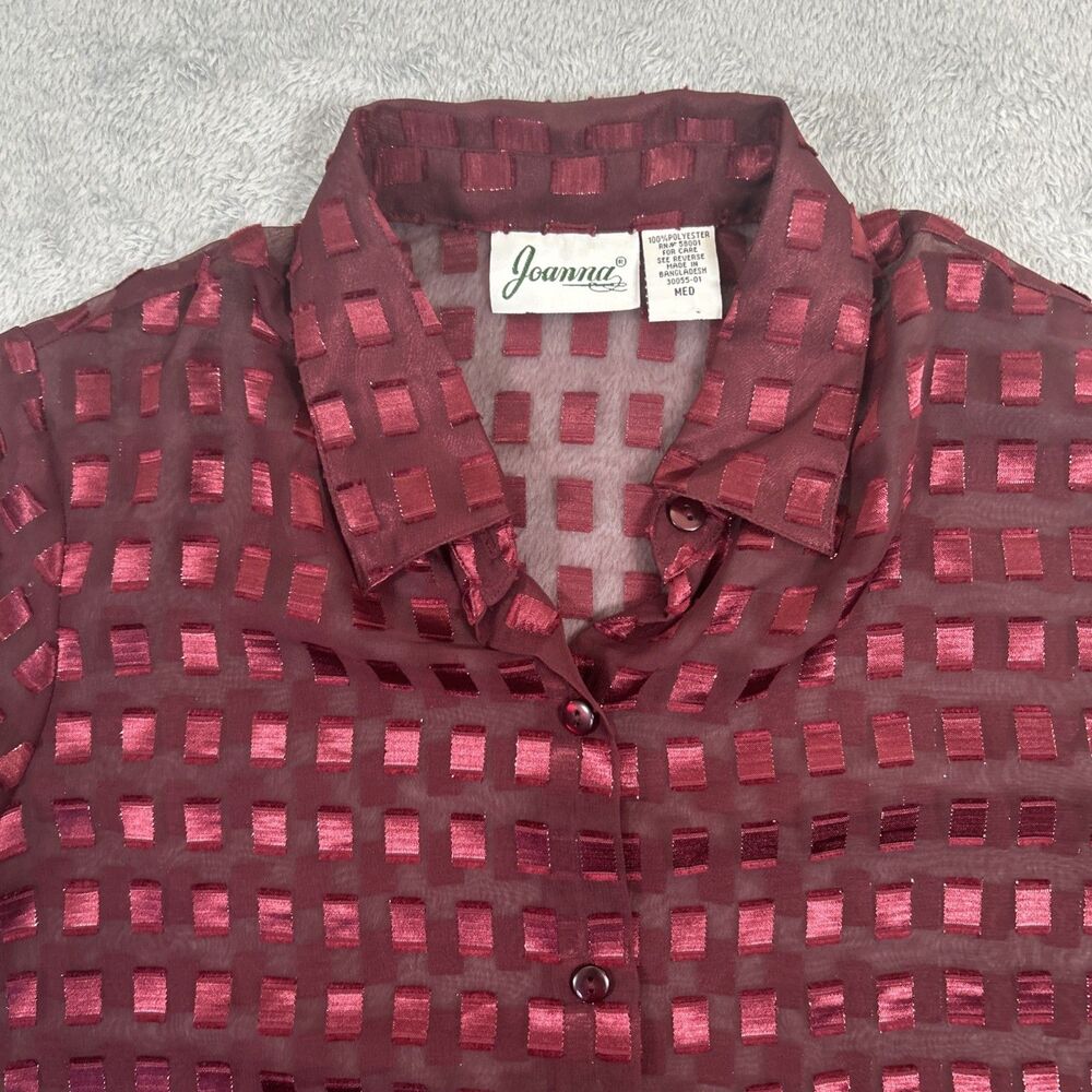 Vintage Joanna Blouse Womens Medium Red Sheer Long Sleeve Button Up Shirt Collar - Picture 4 of 7